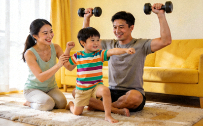 家长与孩子在客厅一起参与亲子健身课程，互动欢乐